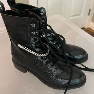 Black faux croc combat boots